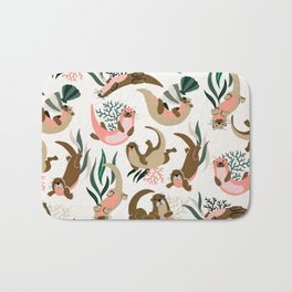 Otter Collection on White Bath Mat | Curated, Seaotter, Painting, Animal, Cute, Otter, Seaotters, Otters, Ocean, Riverotters 