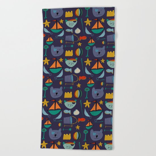 cat and bear pirate purple Beach Towel