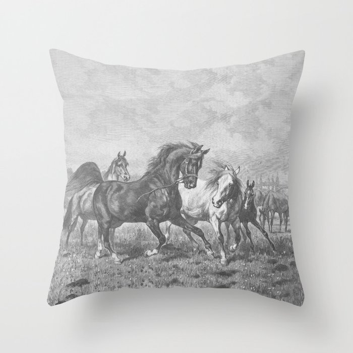 HORSES black & white illustration  Throw Pillow
