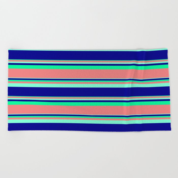 Aquamarine, Dark Blue, Green & Light Coral Colored Stripes Pattern Beach Towel