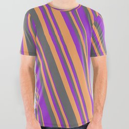 [ Thumbnail: Dim Gray, Dark Orchid & Brown Colored Lines/Stripes Pattern All Over Graphic Tee ]