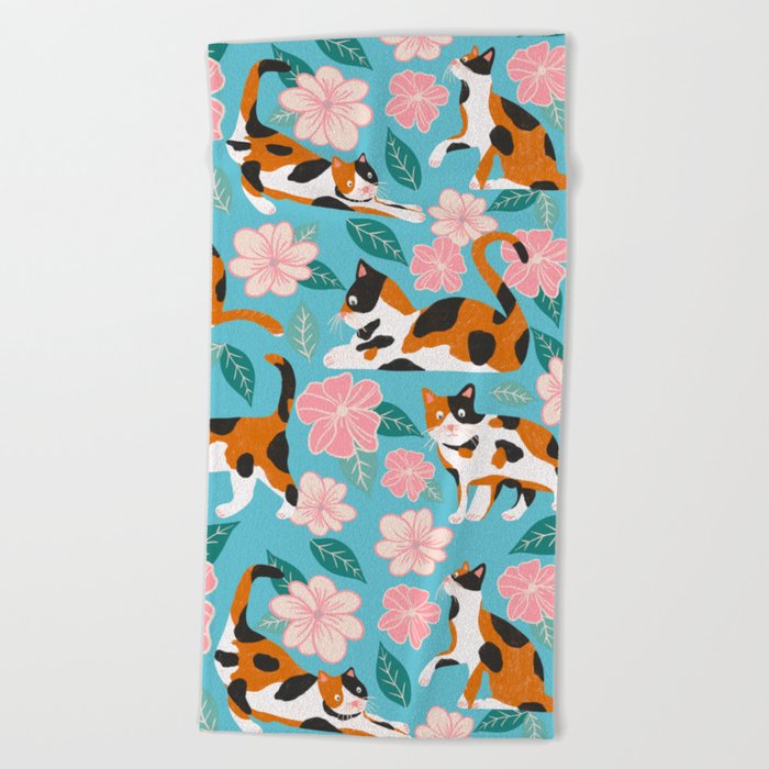 Cats & Blooms - Turquoise Pink Palette Beach Towel