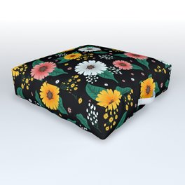 Colorful Spring Flowers Pattern in Black Background Outdoor Floor Cushion