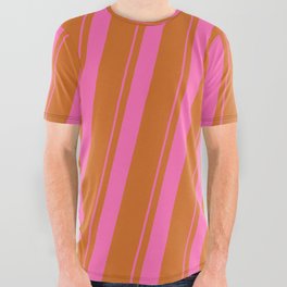 [ Thumbnail: Hot Pink and Chocolate Colored Striped/Lined Pattern All Over Graphic Tee ]