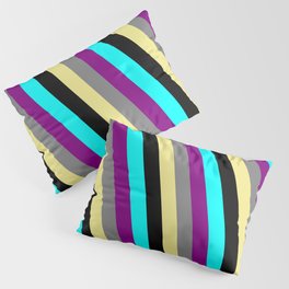 [ Thumbnail: Vibrant Cyan, Purple, Grey, Tan, and Black Colored Lines Pattern Pillow Sham ]