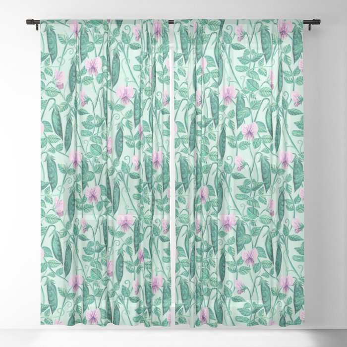 Fresh Garden Pea Floral on Pastel Mint Green Sheer Curtain