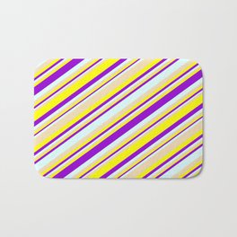[ Thumbnail: Tan, Yellow, Dark Violet & Light Cyan Colored Striped Pattern Bath Mat ]