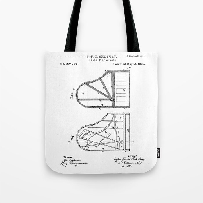 Steinway Grand Piano Patent - Piano Player Art - Black And White Tote Bag  by Patent Press