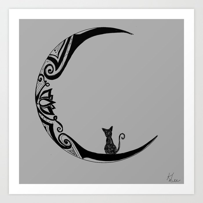 Black Cat Lotus Moon Art Print By Kleearts Society6