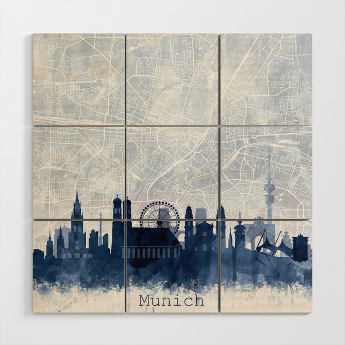 Munich Skyline & Map Watercolor Navy Blue, Print by Zouzounio Art Wood Wall Art