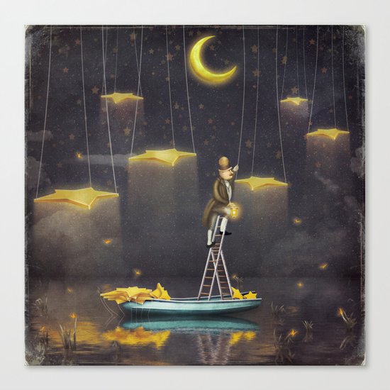 Man reaching for stars at top of tall ladder Canvas Print