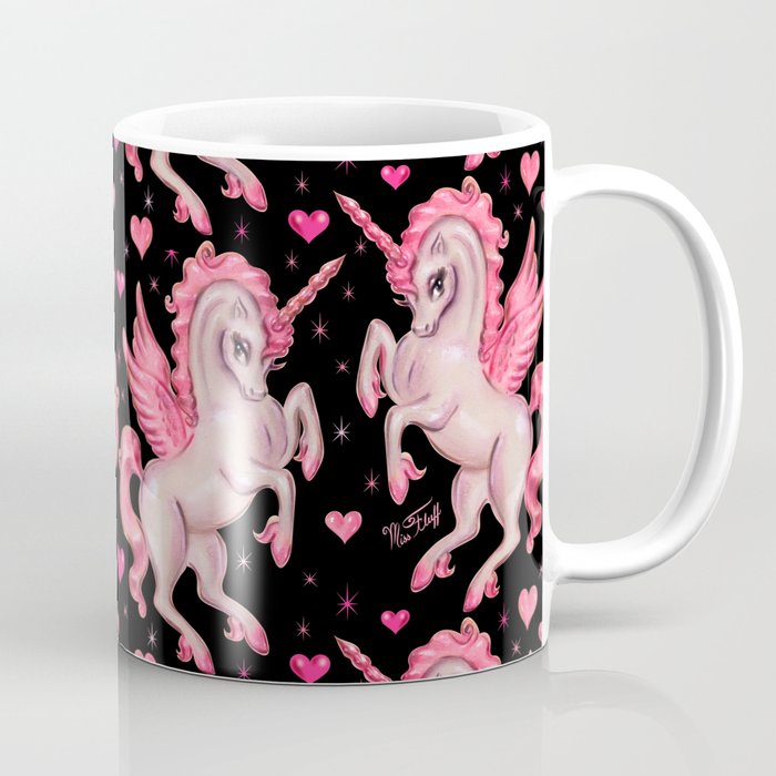 Pink Unicorn Pegasus on Black Coffee Mug