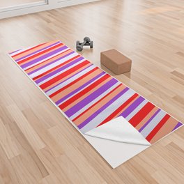 [ Thumbnail: Red, Lavender, Dark Orchid & Light Salmon Colored Pattern of Stripes Yoga Towel ]
