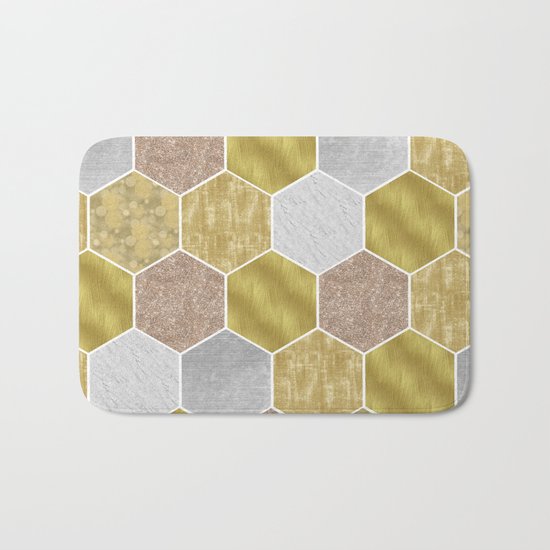 Gold honeycomb hexagons with marble and foil Bath Mat