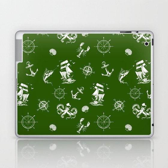 Green And White Silhouettes Of Vintage Nautical Pattern Laptop & iPad Skin