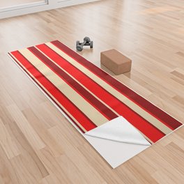 [ Thumbnail: Dark Red, Red, and Tan Colored Striped Pattern Yoga Towel ]