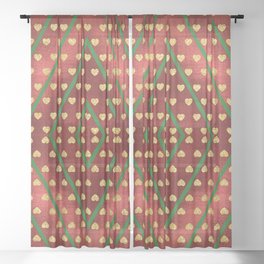 Gold Hearts on a Red Shiny Background with Green Diamond Lines Sheer Curtain
