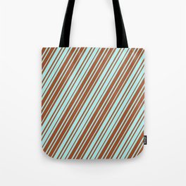 [ Thumbnail: Sienna and Turquoise Colored Lines Pattern Tote Bag ]