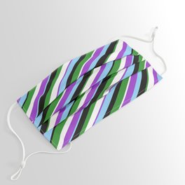 [ Thumbnail: Dark Orchid, Light Sky Blue, Black, Forest Green, and White Colored Lines Pattern Face Mask ]