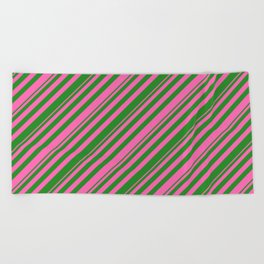 [ Thumbnail: Hot Pink and Forest Green Colored Stripes Pattern Beach Towel ]