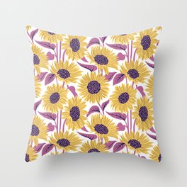 Sun-kissed sunflowers // white background yellow flowers peony pink leaves Throw Pillow