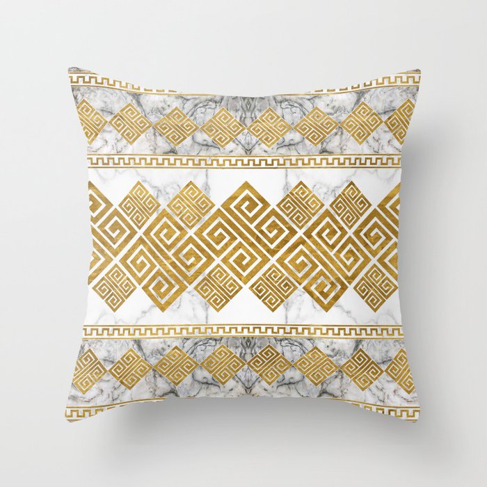 Greek Meander - Greek Key White Marble and Gold Throw Pillow