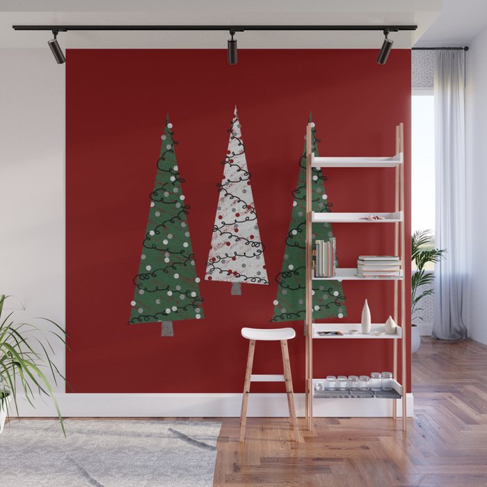 Folk Art Christmas Trees Red Green White Grey Gray Chalk shaded Wall Mural