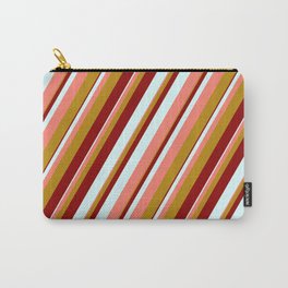 [ Thumbnail: Dark Red, Light Cyan, Salmon, and Dark Goldenrod Colored Lined Pattern Carry-All Pouch ]