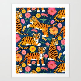 Tiger Cubs and Zinnias Art Print
