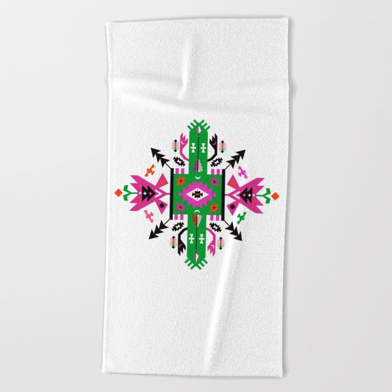 Fuchsia and Green Ethnic Aztec Ornament Beach Towel