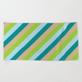 [ Thumbnail: Tan, Green, Light Blue, and Dark Cyan Colored Stripes Pattern Beach Towel ]