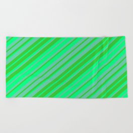 [ Thumbnail: Aquamarine, Lime Green & Green Colored Striped/Lined Pattern Beach Towel ]