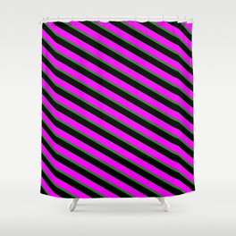 [ Thumbnail: Fuchsia, Forest Green, and Black Colored Pattern of Stripes Shower Curtain ]