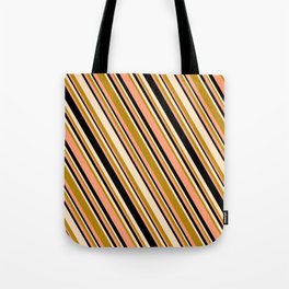 [ Thumbnail: Bisque, Dark Goldenrod, Light Salmon & Black Colored Stripes/Lines Pattern Tote Bag ]