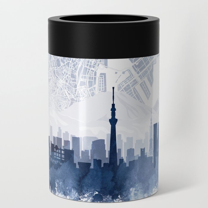 Tokyo Skyline & Map Watercolor Navy Blue, Print by Zouzounio Art Can Cooler