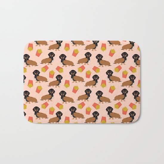 Hot Dog weener Dachshund breed cute weiner dog owner pet portrait funny junk food hot dog Bath Mat