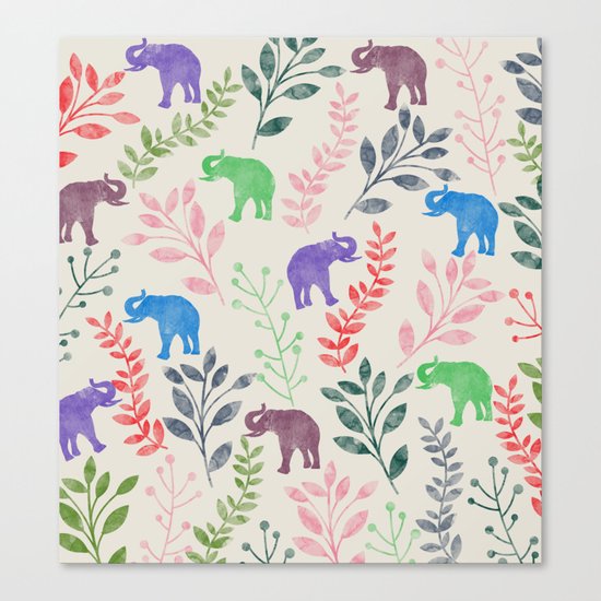 Watercolor Flowers & Elephants Canvas Print