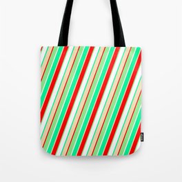 [ Thumbnail: Eye-catching Green, Tan, Red, Light Green, and White Colored Pattern of Stripes Tote Bag ]