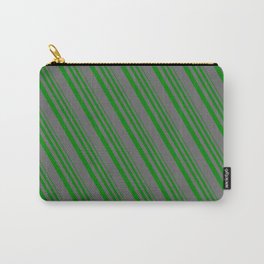 [ Thumbnail: Green & Dim Grey Colored Stripes/Lines Pattern Carry-All Pouch ]