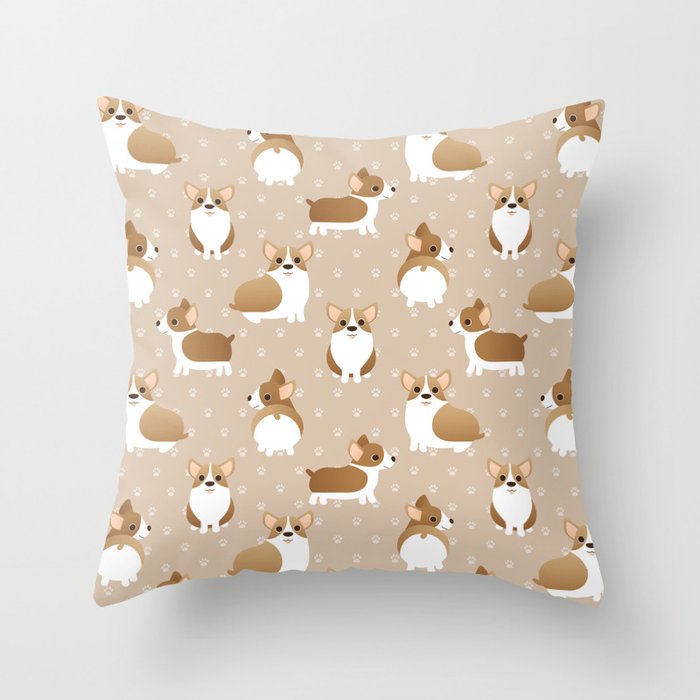 happy corgi pattern on sand Throw Pillow