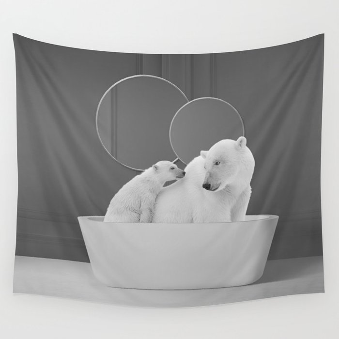 Mama and baby polar bears in bathtub bathroom black and white photograph Wall Tapestry