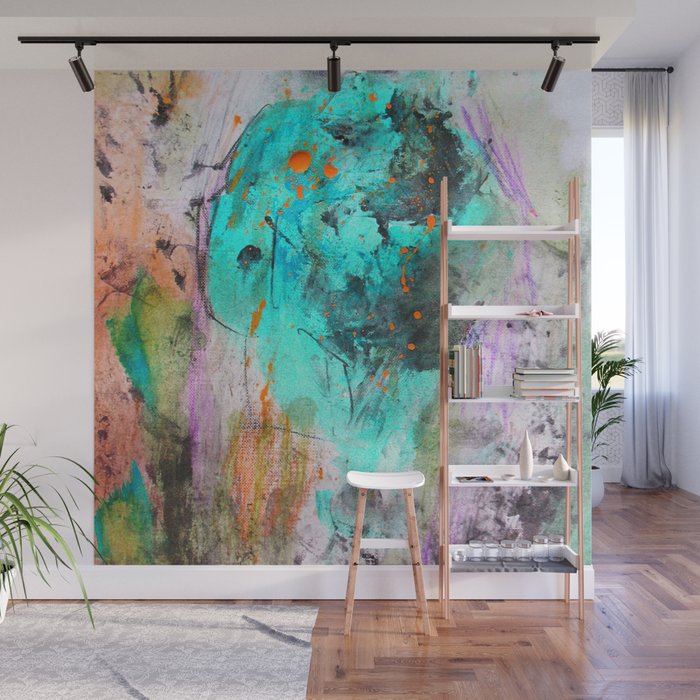 Hand Painted Teal Orange Black Watercolor Wall Mural By Pink Water