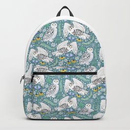 Snowy Owls on a Snowy Day - Teal Background Backpack