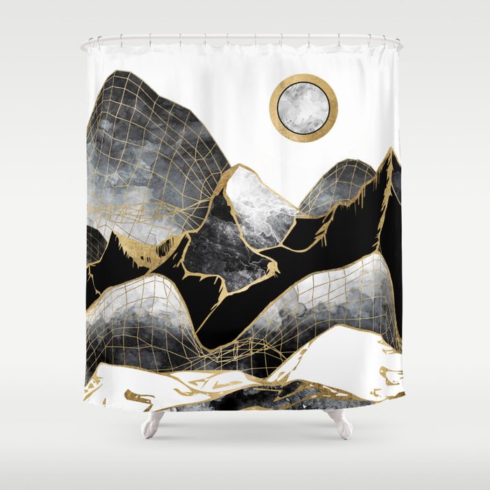 Minimal Black and Gold Mountains Shower Curtain