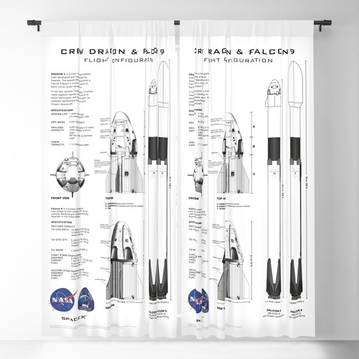 NASA SpaceX Crew Dragon Spacecraft & Falcon 9 Rocket Blueprint in High Resolution (white) Blackout Curtain