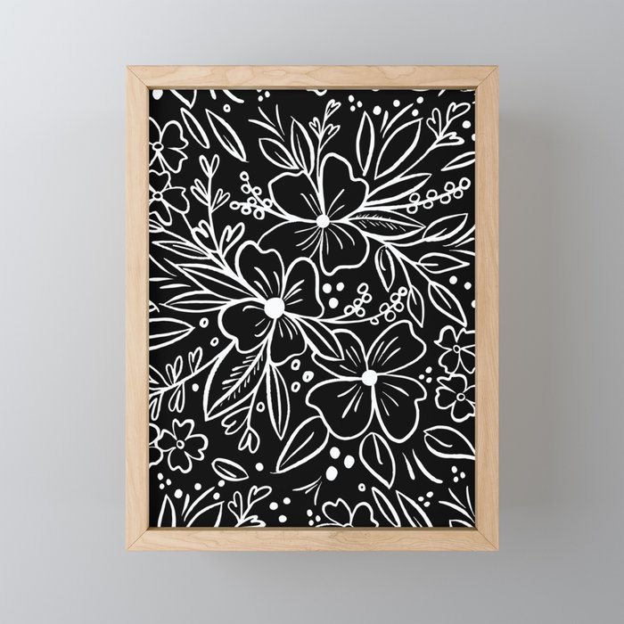 Chalk Florals in black Framed Mini Art Print
