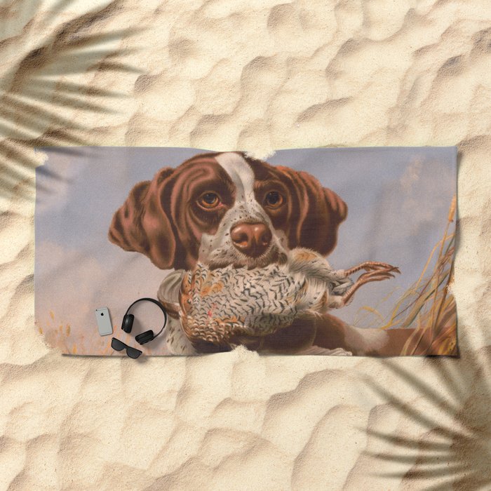 Vintage English Pointer Hunting Quail Painting 1869 Beach Towel