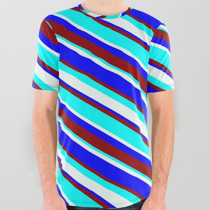 Mint Cream, Blue, Dark Red, and Aqua Colored Lined Pattern All Over Graphic Tee