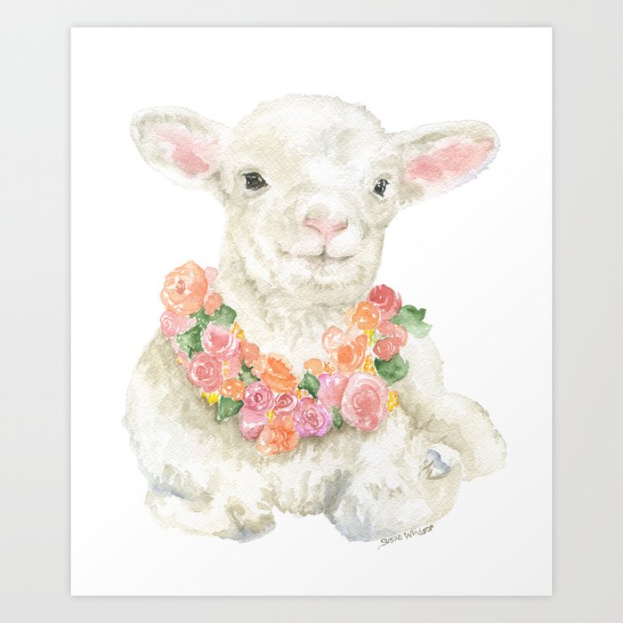 Baby Lamb Floral Watercolor Farm Animal Art Print By