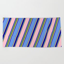 [ Thumbnail: Cornflower Blue, Green, Pink & Dark Blue Colored Striped/Lined Pattern Beach Towel ]